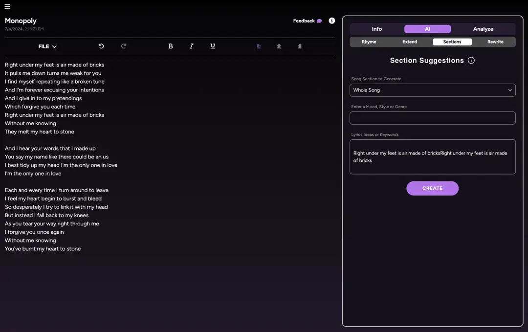 AI Lyrics Editor preview